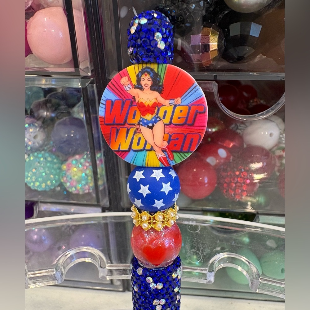 Handcrafted Wonder Woman Beaded Pen - Red, Blue, Gold